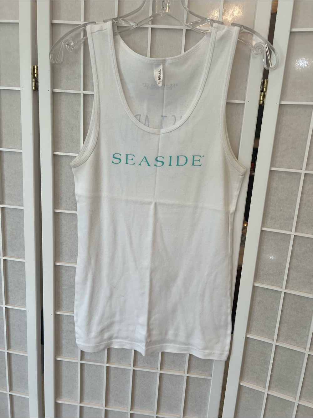 Abella White Tank Top with Teal "SEASIDE" Print